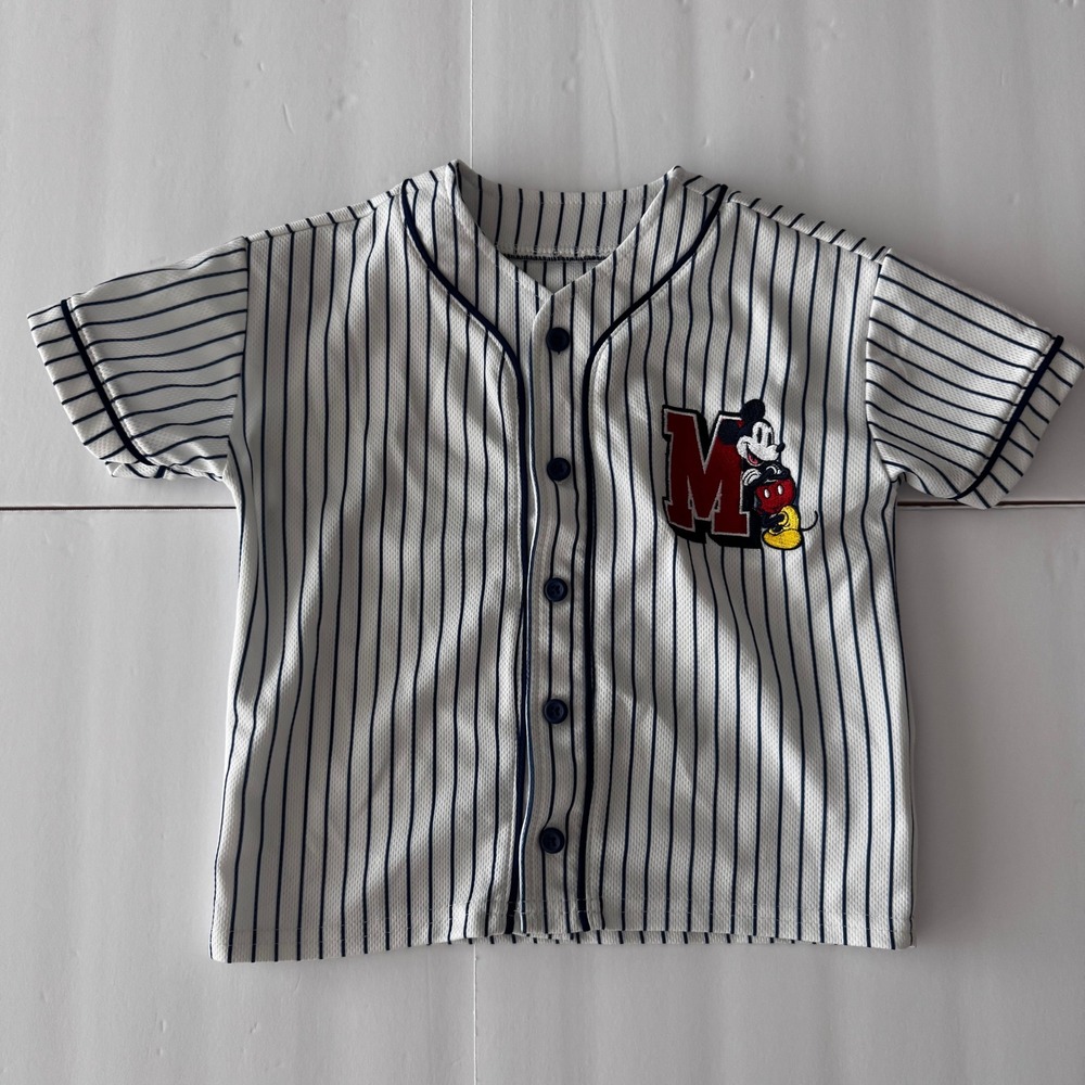 Disney Mickey Mouse Pinstripe Baseball Jersey Kids 4T White Navy Blue Mesh Top